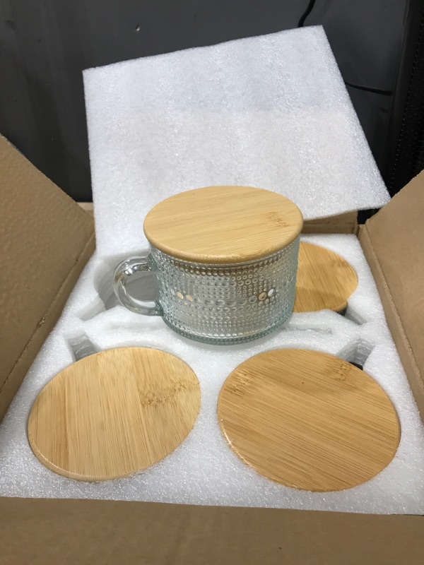 Photo 2 of 4pcs Set Vintage Coffee Mugs, Overnight Oats Containers with Bamboo Lids and Spoons - 14oz Clear Embossed Glass Cups, Cute Coffee Bar Accessories, Iced Coffee Glasses, Ideal for Cappuccino, Tea, Latte