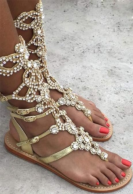 Photo 1 of SIZE 8  Women's Rhinestone Sandals Gold Silver Gladiator Sandals Summer Flat Dress Sandals Beach Wedding Banquet
