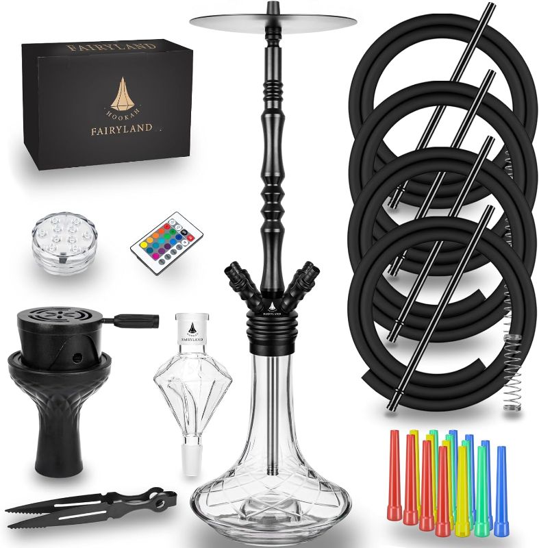 Photo 1 of 38'' Premium 4 Hose Hookah Complete Set with Everything, Luxury Shisha Set with LED Light, Stainless Steel Hookahs Down Stem with Diffuser, Glass Molasses Trap, Gifts For Husband Boyfriend Or Father