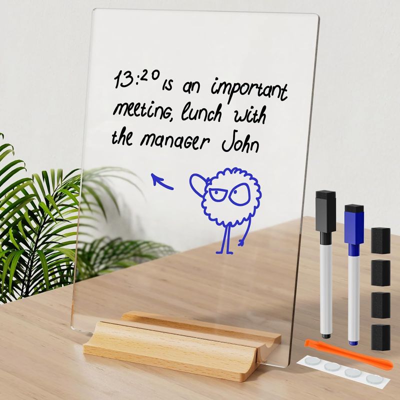 Photo 1 of *ITEM IS SIMILAR TO STOCK PHOTO* Acrylic Dry Erase Board for Home, Office, School, Display Purposes - Desktop Memo Clear Dry Erase Board - 7" x 8.75" to Do List Board - Small Desk Board with Stand, 1x Black Marker - Reusable Notepad