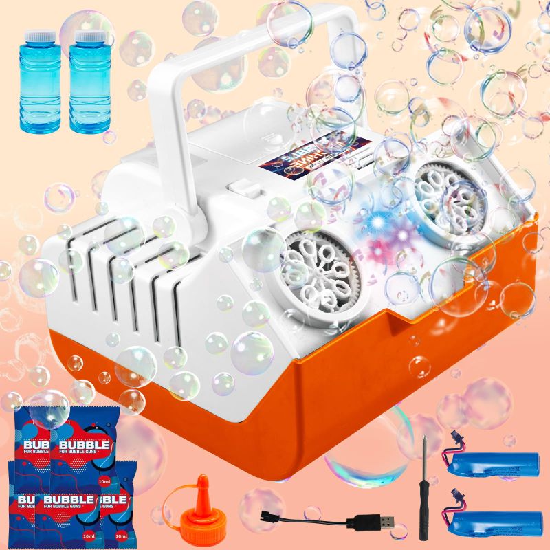 Photo 1 of Bubble Machine Automatic Bubble Blower,16000+ Bubble Per Minute for Kids Toddlers Adults,Batteries Bubble Maker with Colorful Light and Dual Motors,Stage Party Favors Birthday for Boy Girl Outdoor Orange