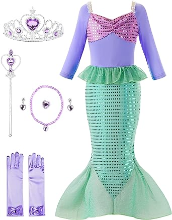 Photo 1 of Melaura Little Girls Mermaid Princess Costume Sequins Halloween Cosplay Party Dress up Set (6, Green With Accessories)