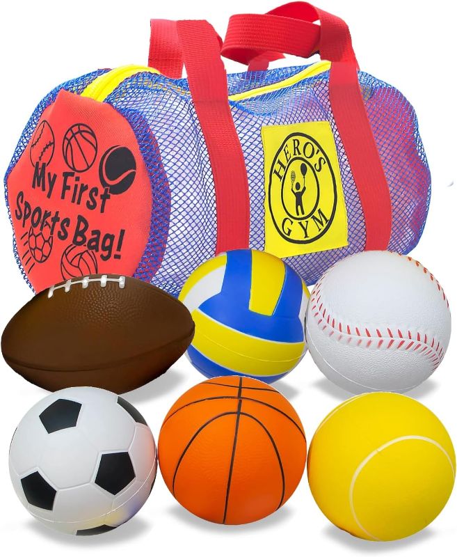 Photo 1 of **one ball missing**
6-pack of Foam Balls for Kids, Sports Balls in Gym Bag for Toddlers, Bouncy Balls for Babies - Toddler Soccer Ball Playground Balls Basketball Tennis Ball Baseball - Great Kids Gift! 6 PCS

