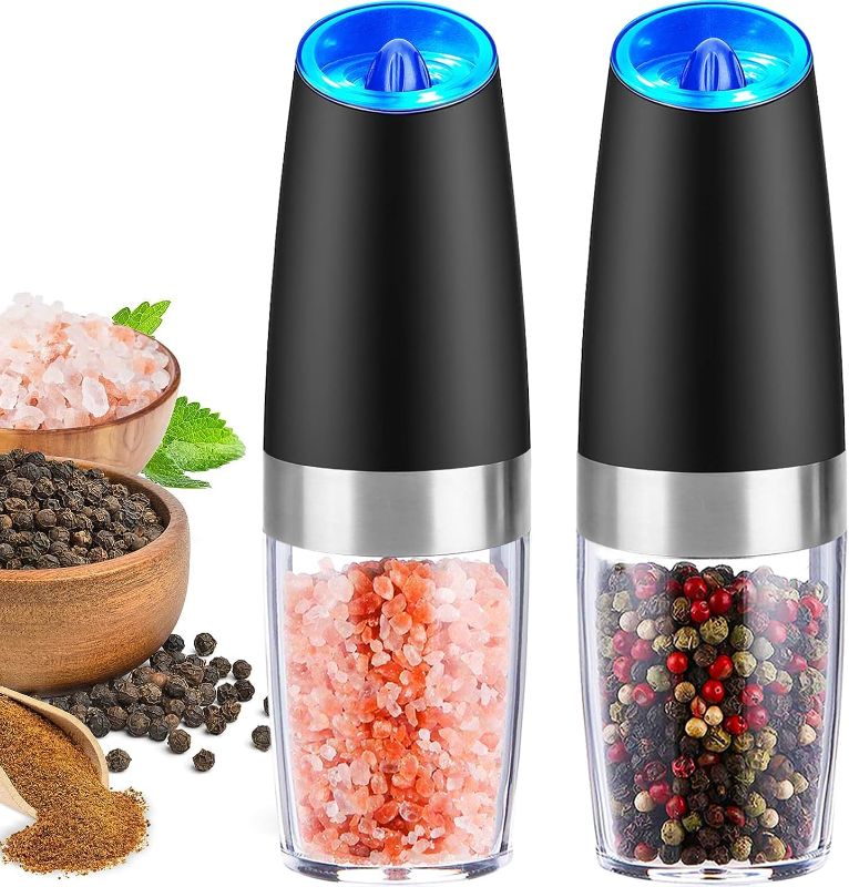 Photo 1 of **EACH MILL REQUIRES 6 AAA BATTERIES**
Electric Gravity Salt and Pepper Grinder Set with Adjustable Coarseness Automatic Pepper and Salt Mill Battery Powered with Blue LED Light,One Hand Operated,Brushed Stainless Steel by CHEW FUN Black Set