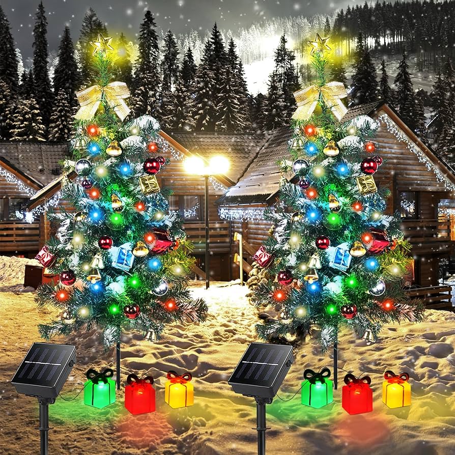 Photo 1 of Adecorty Solar Christmas Tree Decorations Outdoor Lights 2 Pack with 60 LED 44 Xmas Ornaments 6 Lighted Gift Boxes 8 Modes 30Inch Mini Prelit Christmas Tree for Porch Pathway Yard Grave Cemetery Decor