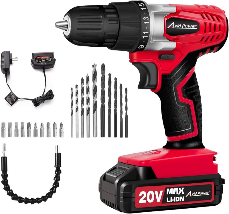 Photo 1 of (READ NOTES) Avid Power 20V MAX Lithium Ion Cordless Drill, Power Drill Set with 3/8 inches Keyless Chuck, Variable Speed, 16 Position and 22pcs Drill