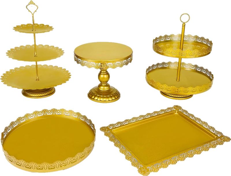 Photo 1 of 5 Pcs Cake Stands Set Gold Metal Cupcake Holder Dessert Display Plate Serving Platter Decoration for Baby Shower Wedding Birthday Party