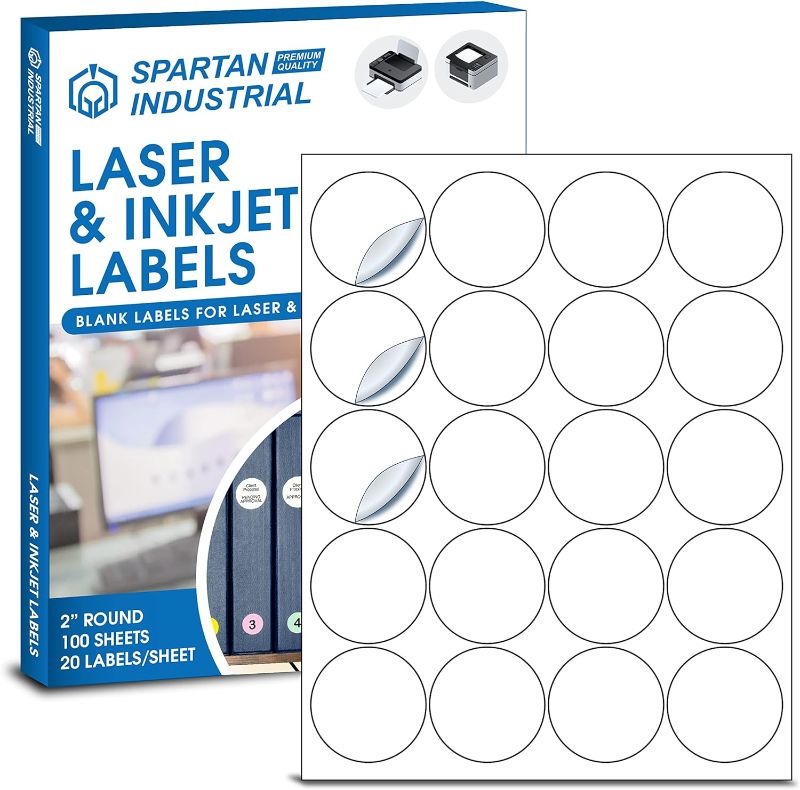 Photo 1 of Spartan Industrial Printable Circle Laser Label - 2" Round - White, 100 Sheets, 2000 Total Labels | Multipurpose Label Ideal for Product Labeling, Customer Stickers for Logos | Inkjet/Laser Printer 2" Circle (100)