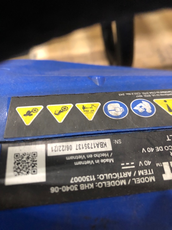 Photo 2 of ***POWERS ON - UNABLE TO TEST FURTHER***
Kobalts 40-Volt Max Lithium Ion 480-CFM Cordless Electric Leaf Blower (3.0 ah Battery and Charger Included)