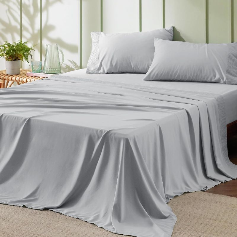 Photo 1 of 108"x102"  Bedsure Queen Sheet Set - Soft Sheets for Queen Size Bed, 4 Pieces Hotel Luxury Light Grey Sheets Queen, Easy Care Polyester Microfiber Cooling Bed Sheet Set

