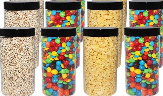 Photo 1 of 8+pack+cylinder+shaped+jars+with+black+twist+on+caps+7"+tall