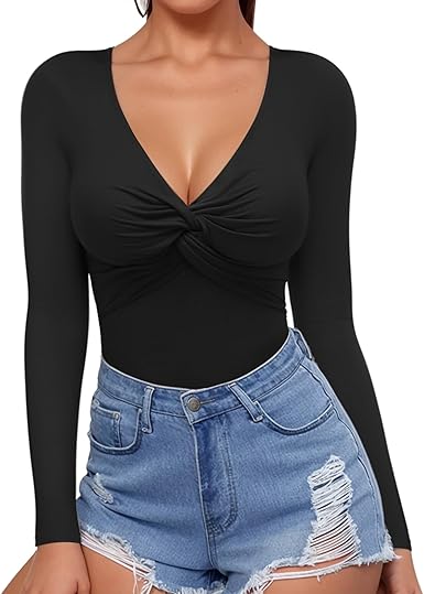 Photo 1 of MANGOPOP Womens V Neck Short Sleeve Long Sleeve Tops Bodysuit Jumpsuit- MEDIUM