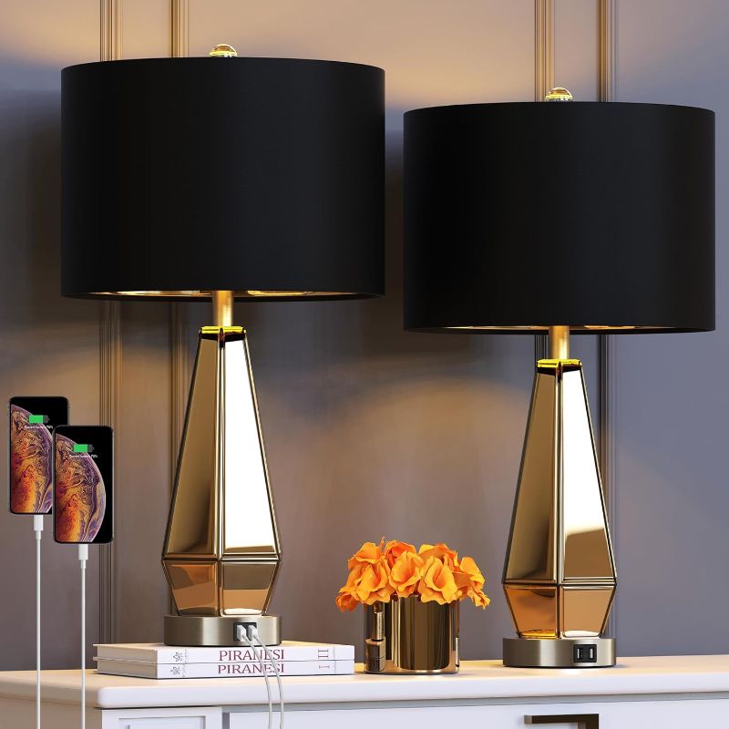 Photo 1 of ** SHADES NOT INCLUDED**
 Set of 2 Mirrored Glass Bedside Table Lamps with 2 USB Ports for Bedrooms Modern Amber Side Nightstand Lamps with Gold Black Fabric Shade Geometric Comtempory Living Room Lamps for End Tables
