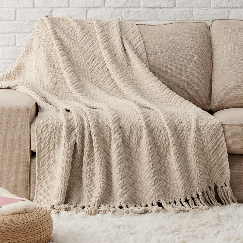 Photo 1 of 50"x60"  Bedsure Throw Blanket for Couch – Taupe Versatile Knit Woven Chenille Blanket for Chair, Super Soft, Warm & Decorative Blanket with Tassels for Bed, Sofa and Living Room (Taupe, Twin)
