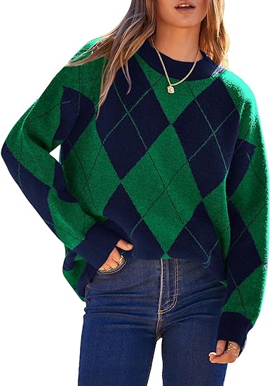 Photo 1 of LARGE 
BTFBM Womens Sweaters Fall 2023 Argyle Oversized Sweater Crew Neck Long Sleeve Pullover Knit Plaid Jumper Winter Clothes
