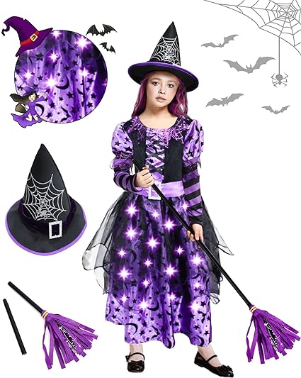 Photo 1 of Usview Light Up Halloween Witch Costume for Girls - Purple and Black Wicked Witch Cute Princess Cosplay Dress Up Deluxe Set SMALL
