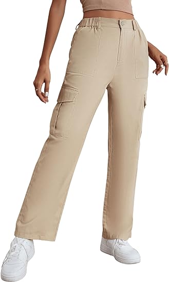 Photo 1 of SweatyRocks Women's Solid Stright Leg Cargo Pants Casual High Waist Woven Fabric Pant with Slant Pocket
LARGE