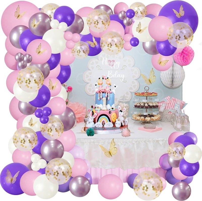 Photo 1 of ANGSKALSA Balloon Garland Arch Kit - 167Pcs Baby Shower Decorations for Girl with Butterfly Stickers, Pink Purple White Gold Confetti Balloons for Birthday Party Bridal Shower Wedding Decorations