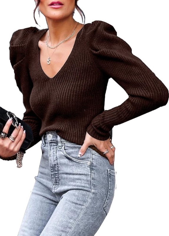 Photo 1 of PRETTYGARDEN Women's Rib Knit Pullover Sweater Casual Long Puff Sleeve V Neck Solid Color Jumper Blouse Tops L