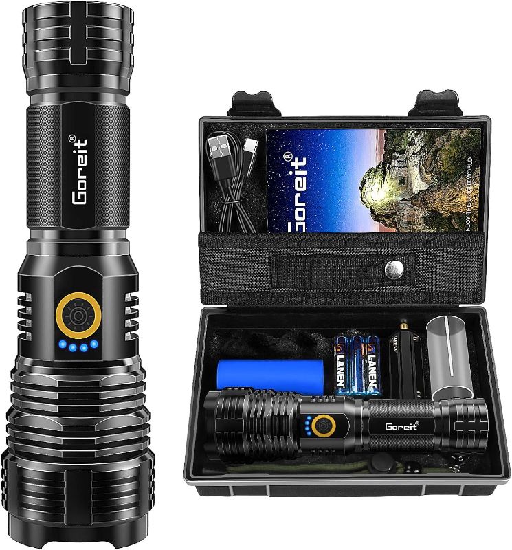 Photo 1 of 3 pack 
Goreit Flashlights LED High Lumens Rechargeable, 250000 Lumens XHM77.2 Super Bright Flash Light USB, Handheld Flashlight High Powered,Powerful Flashlight Waterproof for Emergency Camping
