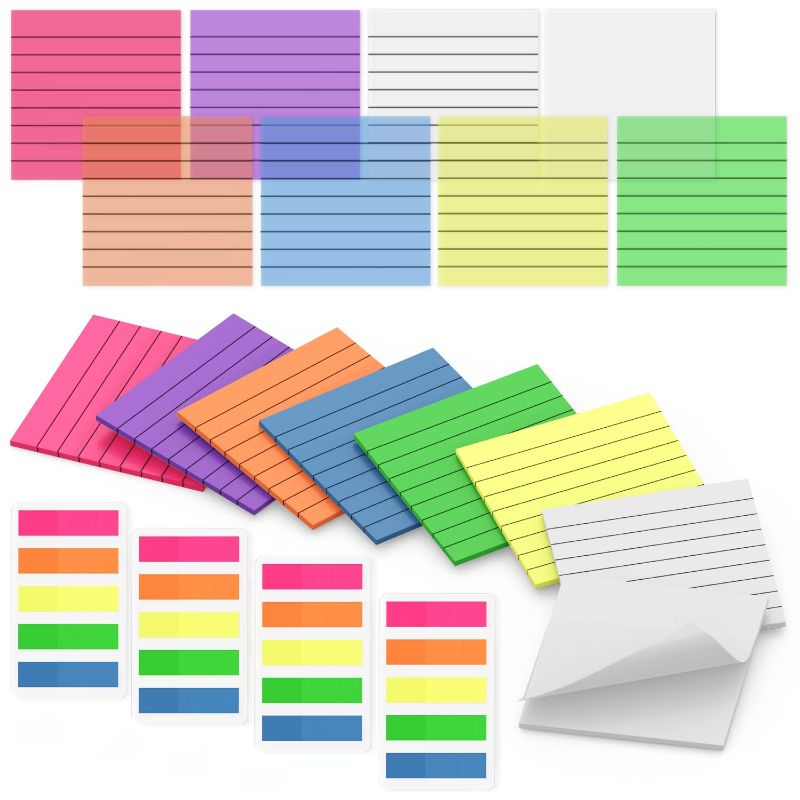 Photo 1 of 2 pack DAUPIN 1600 Sheets Lined Sticky Notes Set, 8 Packs Transparent Sticky Notes 3 × 3 inch, 4 Pads Annotation Tabs 1.8 × 0.5 inch, 7 Bright Colors Cute Wateproof Clear Sticky Notes Easy to Post.