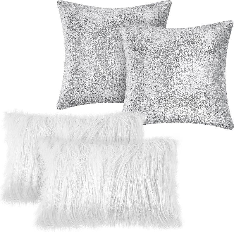 Photo 1 of 4 Pcs Sequin and Fluffy Pillow Cases Winter Faux Fur Throw Pillow Covers Glitter Pillow Cases Soft Fuzzy Cushion Cover for Couch Bed Sofa Christmas Day (Silver, White, 18 x 18 Inch, 12 x 20 Inch)
