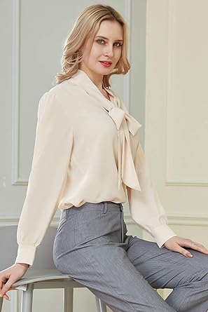 Photo 1 of **MEDIUM**
FHMLS Women's Bow Tied Neck Chiffon Blouses Casual Loose Long Sleeve Office Work Solid Tops Shirts
