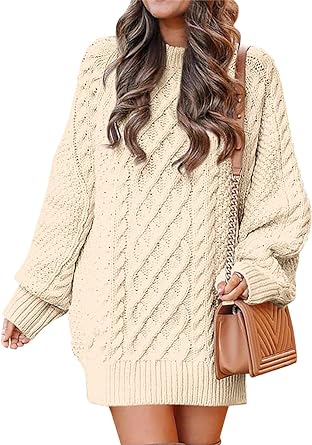 Photo 1 of **SNAG IN FRONT OF DRESS**
ANRABESS Women 2023 Fall Crewneck Long Sleeve Oversized Cable Knit Chunky Pullover Short Sweater Dresses
