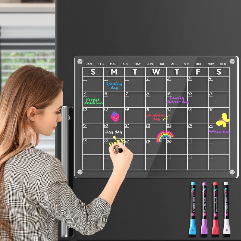 Photo 1 of Acrylic Calendar for Fridge - Refrigerator calendar Dry Erase Calendar Includes 4 Markers 4 Colors,15.6" x 11.7" Fridge Calendar, Magnetic Calendar for Refrigerator
