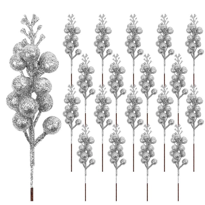 Photo 1 of 2 pack - Sawowkuya 26 Pack Silver Christmas Glitter Berries Stems, 7.8 Inch Artificial Christmas Picks for Christmas Tree Decorations, DIY Xmas Wreath, Crafts, Holiday and Home Decor`