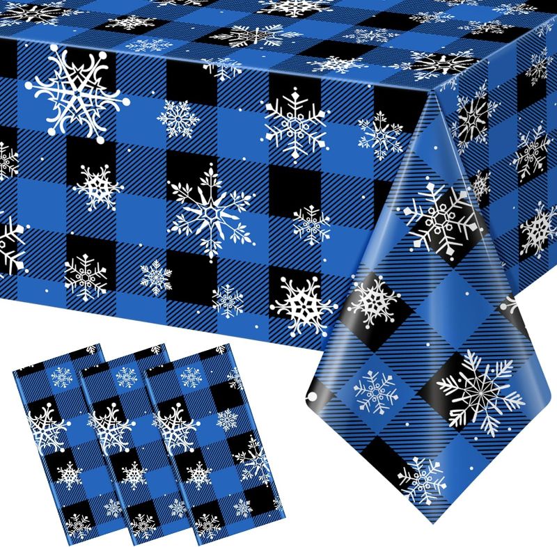 Photo 1 of 3Pcs Christmas Buffalo Plaid Snowflake Party Tablecloths Decorations,Plastic Black and Navy Blue Checkered Rectangle Table Cover for Winter Christmas Birthday Holiday Party Decorations,54x108 inch