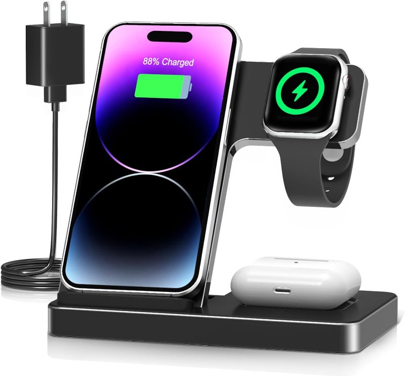 Photo 1 of Wireless Charger iPhone Charging Station: 3 in 1 Charger Stand Multiple Devices for Apple - iPhone 15 14 Pro Max 13 12 11 - Watch 8 7 6 5 4 3 2 Se - Airpods 3 2 Pro