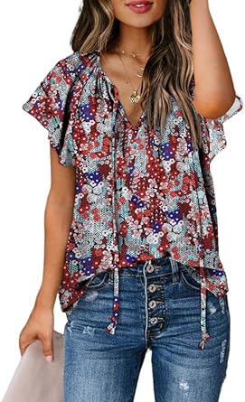 Photo 1 of size small SHEWIN Women's Casual Boho Floral Print V Neck Long Sleeve Drawstring Tops Loose Blouses Button Down Shirts