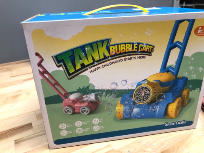Photo 1 of Alkinoos Toddler Bubble Lawn Mower, Bubbl Machine 2000+ Bubbles per Minute, 2 Bottles of Bubble Solution and 20 Refill Packets Indoor and Outdoor Play - Blue & Yellow