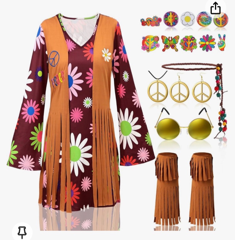 Photo 1 of 18 Pcs 60s 70s Women Hippie Costume Set Peace Sign Earring Necklace Go Go Groovy Dress Ankle Socks Headband Sunglass
