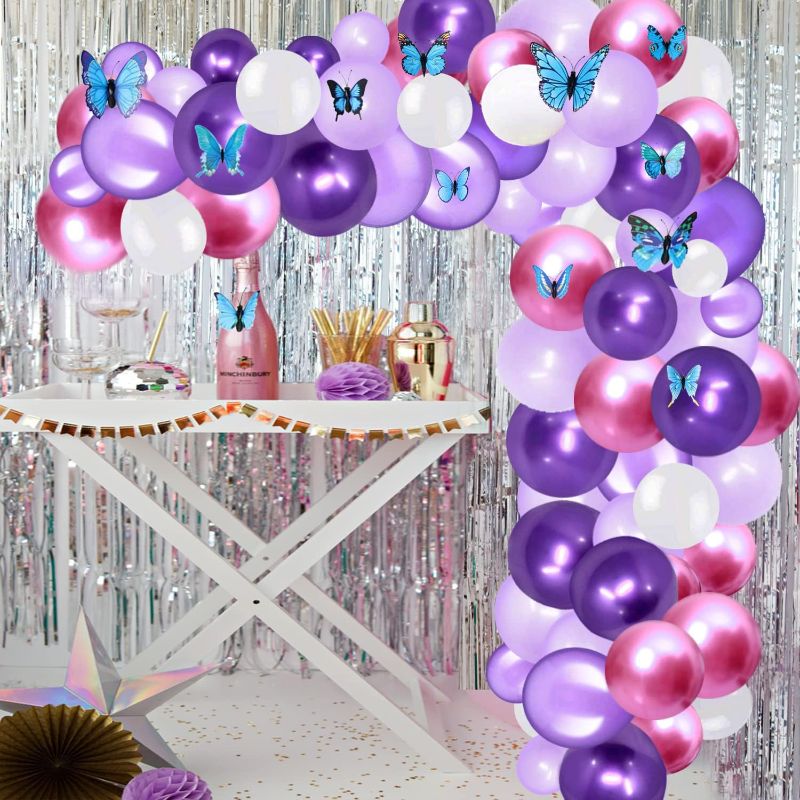 Photo 1 of 112 Pieces Purple Pink Balloons Kit with 12 Pieces Blue Butterfly Stickers for Baby Shower Wedding Birthday Graduation Anniversary Party Background Decoration