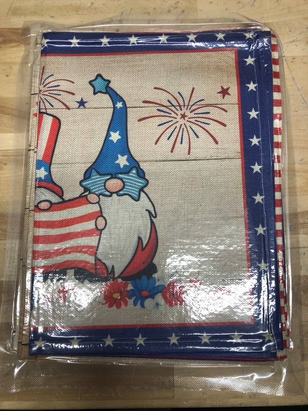 Photo 1 of 4th of July Placemats, Patriotic Placemats Set of 6, Fourth of July Place Mats for Dining Table 12x18 Inch, Gnomes Red Truck American Stars Heat Resistant Burlap Table Mats for Kitchen Decor Indoor