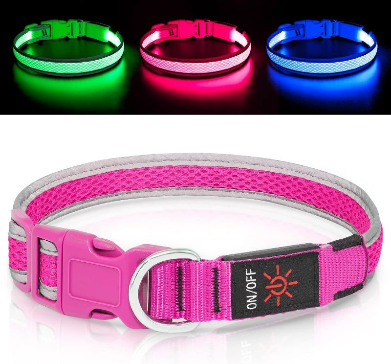 Photo 1 of 2 Bpawser Light Up Dog Collars LED Dog Collar Red Light USB Rechargeable Adjustable Size MESH Webbing Glow Safety Basic Dog Collars for Large Medium Dogs(L,Pink)
