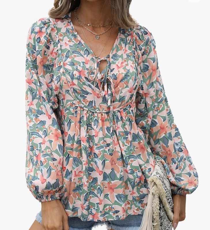 Photo 1 of PRETTYGARDEN Women's Floral Ruffled Tunic Blouse Tie V Neck Casual Long Sleeve Babydoll Peplum Tops SMALL