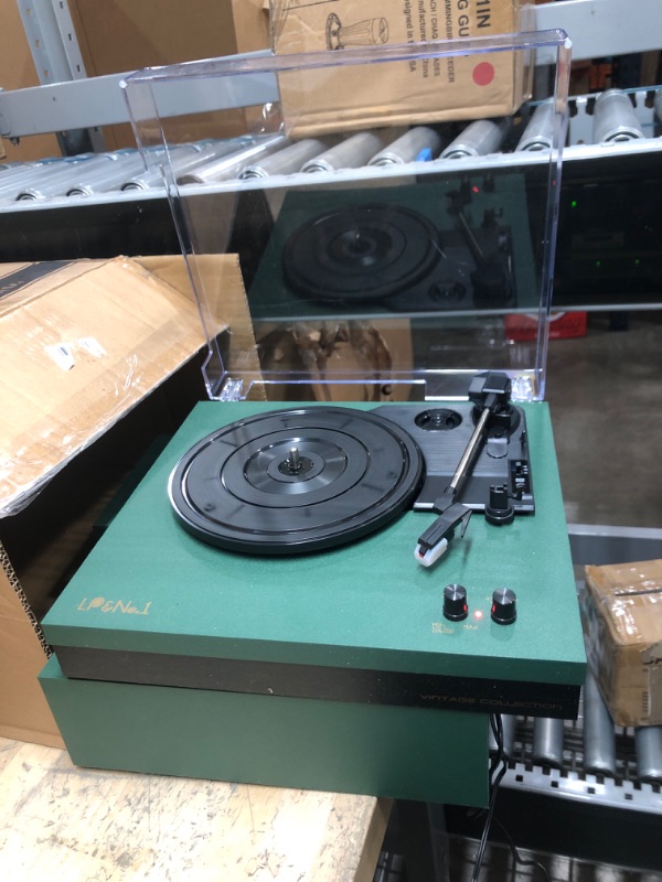 Photo 1 of **POWERS ON**
LP&No.1 Bluetooth Turntable HiFi System with Bookshelf Speakers, Retro Belt-Drive Record Player with Counterweight, 3 Speed, Solid GREEN Wood