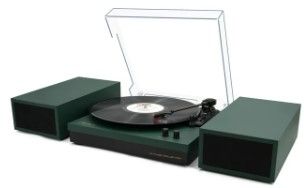 Photo 1 of **POWERS ON**
LP&No.1 Bluetooth Turntable HiFi System with Bookshelf Speakers, Retro Belt-Drive Record Player with Counterweight, 3 Speed, Solid GREEN Wood