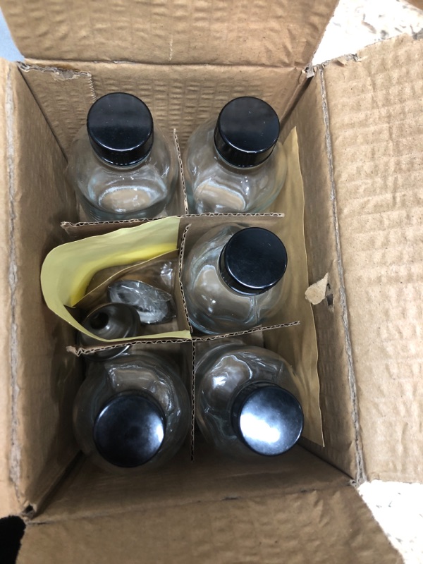 Photo 2 of ** ONE MISSING**
6 Pack, 4 oz Small Clear Glass Bottles with Lids & 2 Stainless Steel Funnels - 120ml Boston Sample Bottles for Potion, Juice, Wellness, Ginger Shots, Whiskey, Liquids - Mini Travel Essential Bottles