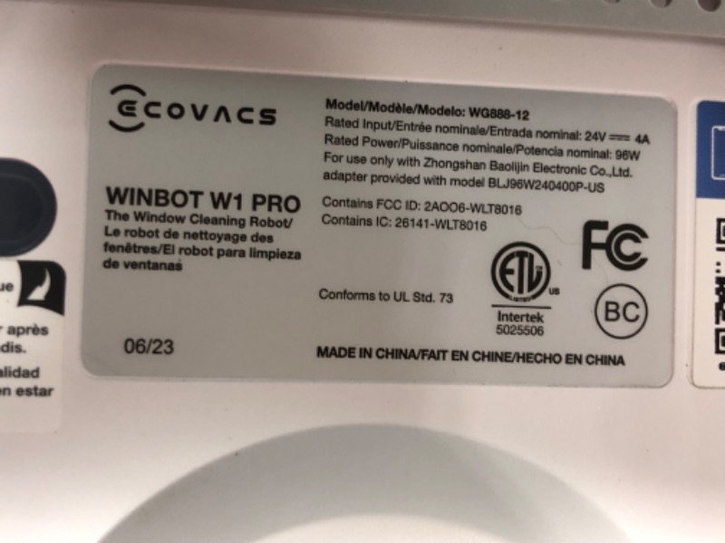 Photo 2 of *** PARTS ONLY***
ECOVACS Winbot W1 Pro Window Cleaning Robot, Intelligent Cleaning with Dual Cross Water Spray Technology, Win SLAM 3.0 Path Planning, 2800Pa Suction Power, Edge Detection Technology, App Control W1 Pro Gray