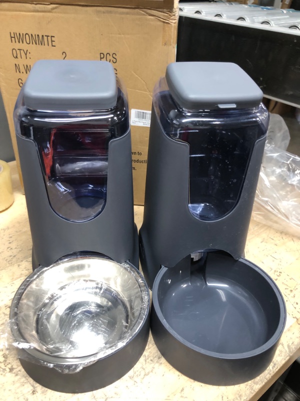 Photo 2 of 2 Pack Automatic Cat Feeder and Water Dispenser with Stainless Steel Dog Bowl Gravity Self Feeding for Small Medium Pets Puppy Kitten 1 Gallon x 2 (Black) Dark Grey