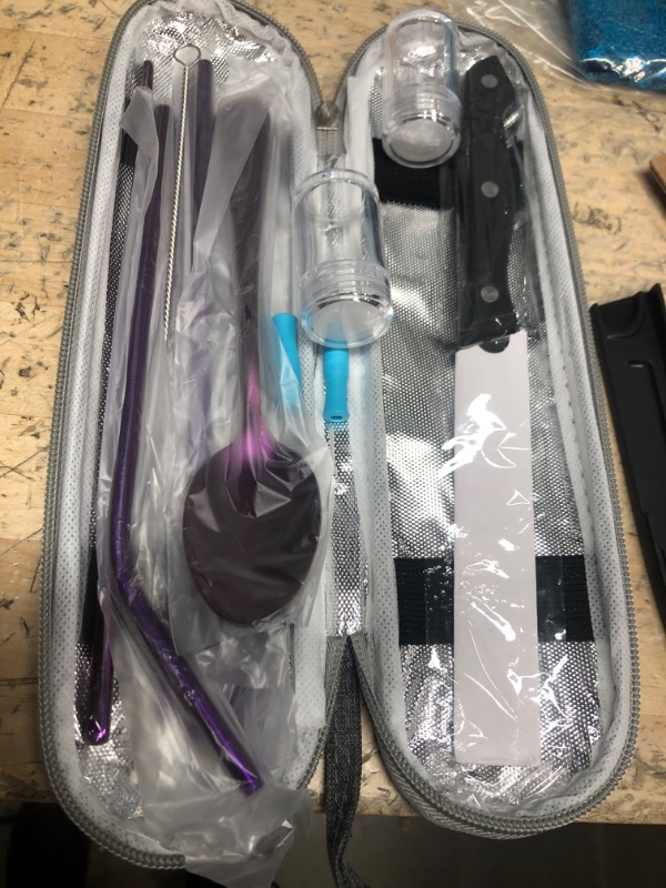 Photo 1 of Portable Reusable Travel Utensils Silverware with Case,Travel Camping Cutlery set,Chopsticks and Straw, Flatware Cutlery Set with Case, Stainless steel Travel Utensil set Top (Purple)
