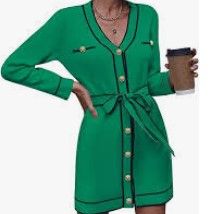 Photo 1 of MEDIUM GREEN/BLACK AND GOLD BUTTONS LONG SLEEVE STRETCH SWEATER WOMENS DRESS