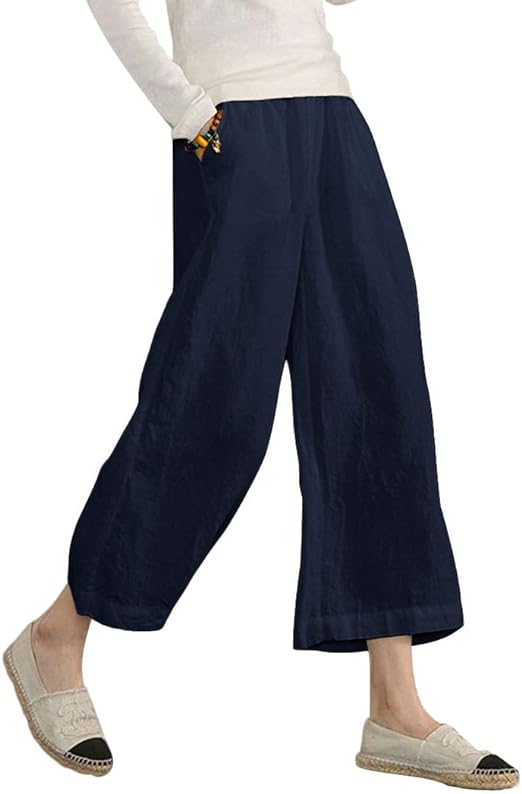 Photo 1 of ECUPPER Womens Casual Loose 100 Linen Elastic Wasit Ankle Pants Plus Size Cropped Trousers xxl
