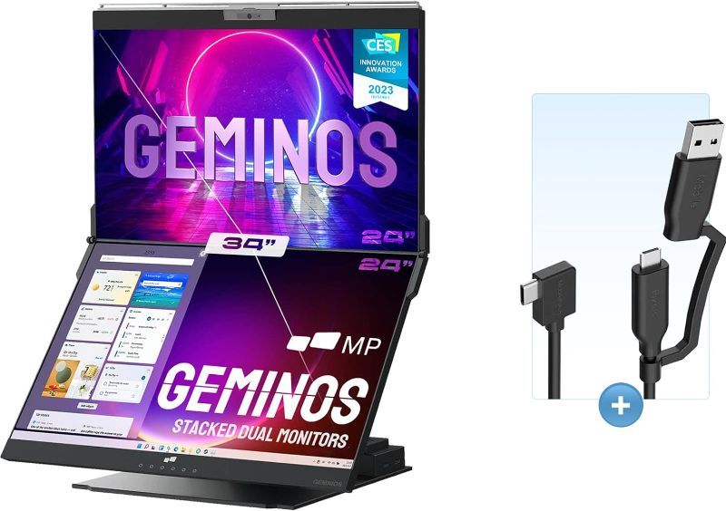 Photo 1 of Mobile Pixels Geminos with 2-in-1 USB Cable, (2 x 24 inch) IPS Dual Stacked Computer Monitors with 100W USB-C Charging, 1080P Webcam&Speakers, All-Inclusive Workstation PC Monitor
