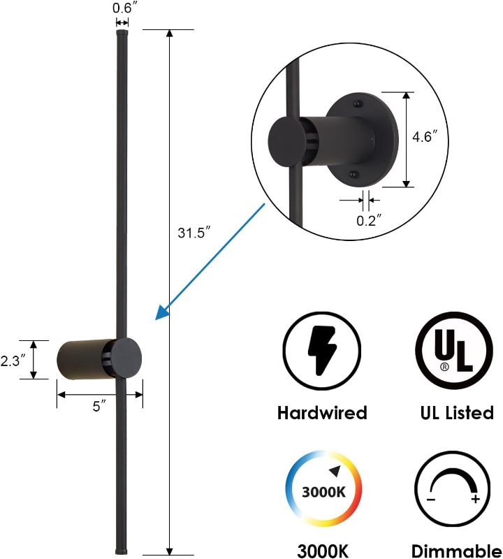 Photo 2 of (READ NOTES) KARTOOSH Modern Wall Sconces Set of Two, Dimmable 3000K LED Wall Lights with 180°Rotation, Black LED Wall Decor Lighting for Living Room Bedroom Media Room Entryway - 31.5 Inches - Hardwired Black 31.5 Inches