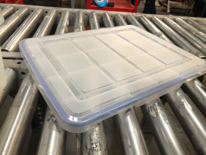 Photo 2 of **DAMAGE**IRIS USA 26.5 & 44 Quart Combo WEATHERPRO Plastic Storage Box with Durable Lid and Seal and Secure Latching Buckles, Clear With Blue Buckles, Weathertight, 4 Pack 26.5 & 44 Quart Combo - 4 Pack